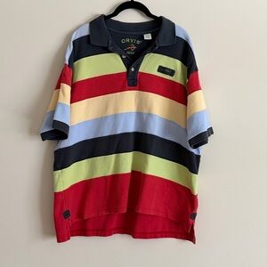 Orvis Mens Rugby Polo Shirt XL Striped Short Sleeve Cotton Vintage Y2K